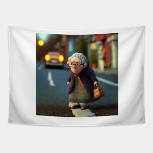 Clay old Lady Crossing the Road 3 Tapestry