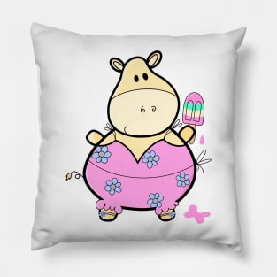 Cute chubby hippo with rainbow popsicle Pillow