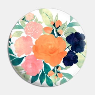 Elegant Blue Pink Orange Flowers Watercolor Floral Pin