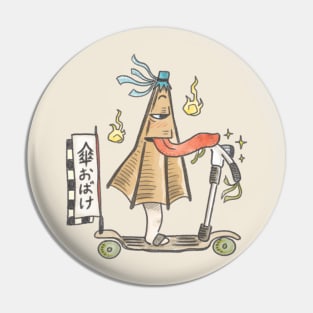 A cute Japanese folklore creature, Kasa Obake on an Old school Scooters Pin