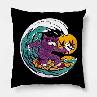 cat surfing, cat surfing, surfs up cat, cat on surfboard, cat riding waves, Pillow