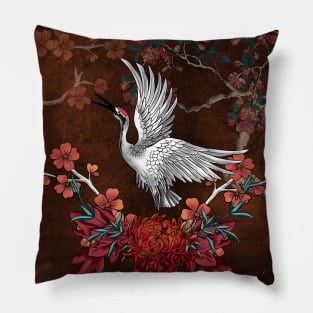 Beautiful crane with flowers Pillow