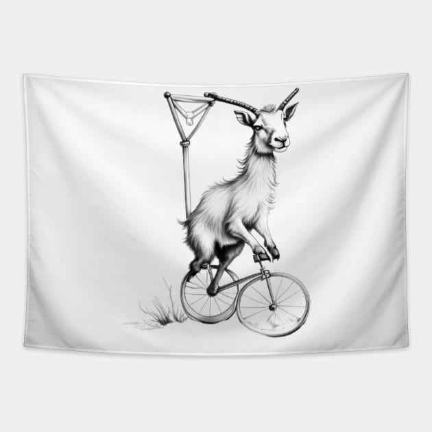 Goat on a unicycle Tapestry by  art white