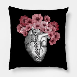 Broken heart, Human heart illustration art, laces, with red anemones, tied heart, sewn heart Pillow