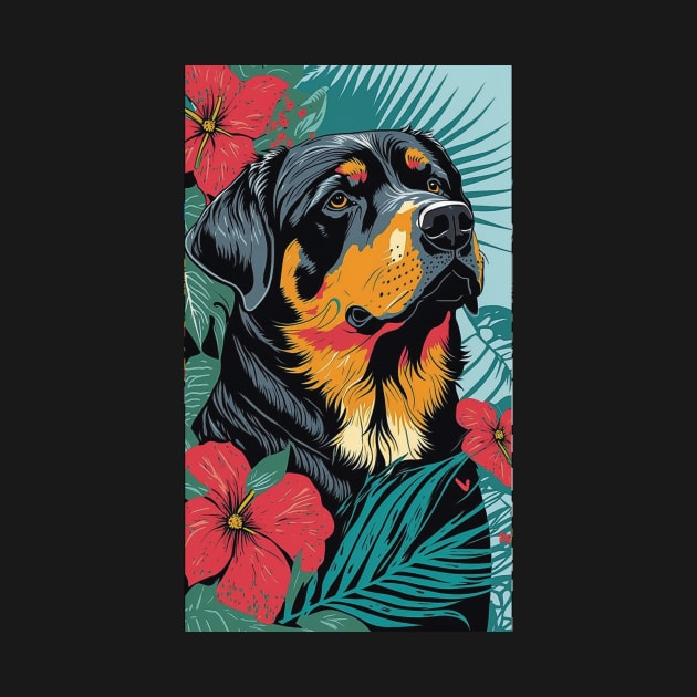 Rottweiler Dog Vibrant Tropical Flower Tall Retro Vintage Digital Pop Art Portrait by ArtHouseFlunky