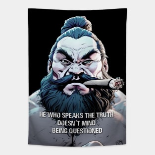 Puff Sumo: He who speaks the truth doesn’t mind being questioned on a dark (Knocked Out) background Tapestry