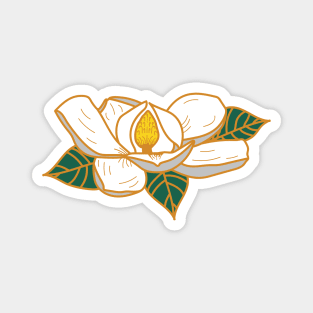 Farmhouse Floral White Magnolia Flower with Green Botanical Leaves and Gold Copper Outline Magnet