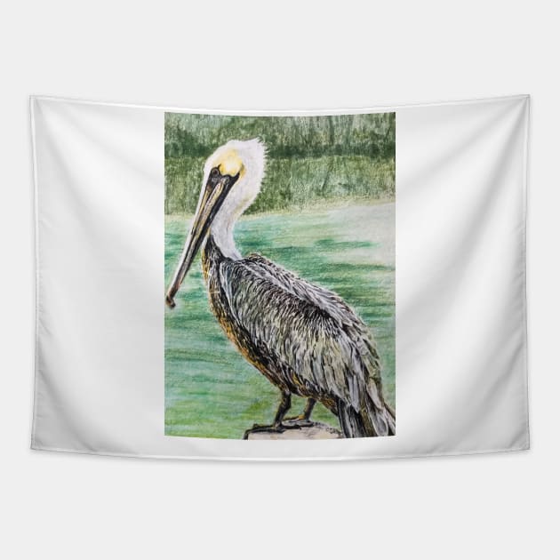 Pelican, color pencil illustration Tapestry by ShiningLightGallery