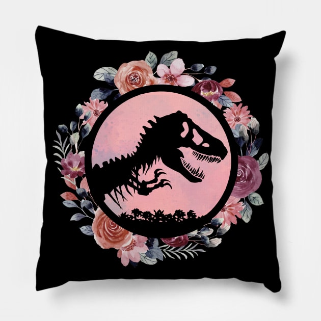 Jurassic Park Flowers - vintgae, retro, dino, dinosaur, gift idea, birthday, christmas, gift for fans,  girls, women, kids, funny, cute, mom, girlish, girly, jurassic world,  clever girl, lover, men,  raptor, trex, baby, blue, Pillow by Fanboy04