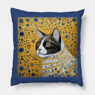 Gustav Klimt Style Tuxedo Cat with Blue and Gold Striped Coat Pillow