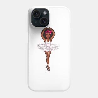 African American ballerina in white tutu and pink bow -#008 afro hair,brown skin ballerina Phone Case