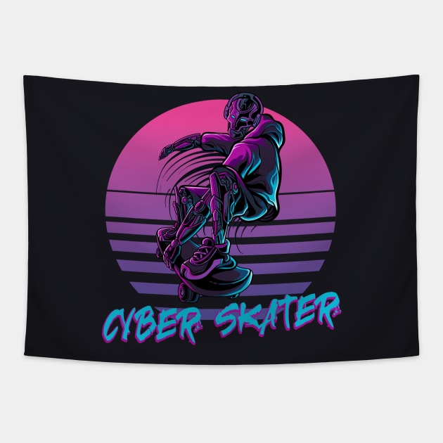 Cyber Skater retro Skating Robot Tapestry by Foxxy Merch