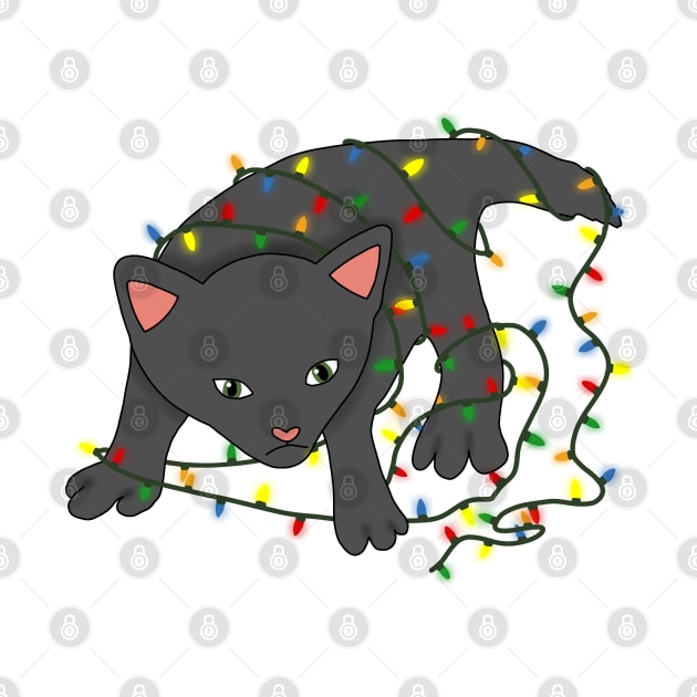 Black cat tangled in christmas lights by Becky-Marie