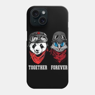 Cute Panda and cat couple in helmet and goggles with the words together forever. Phone Case