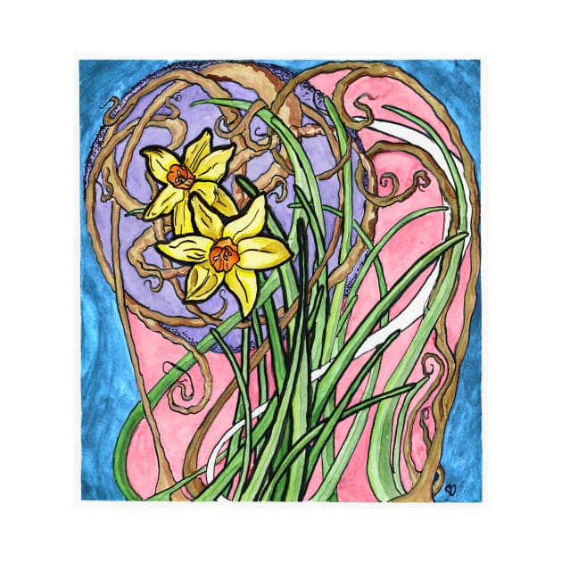 Two Daffodils and Branches Painting in Art Nouveau Style, Pastel Colors by CrysOdenkirk