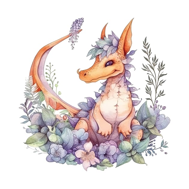 Cute Spring Flower Dragon Watercolor by Fledermaus Studio