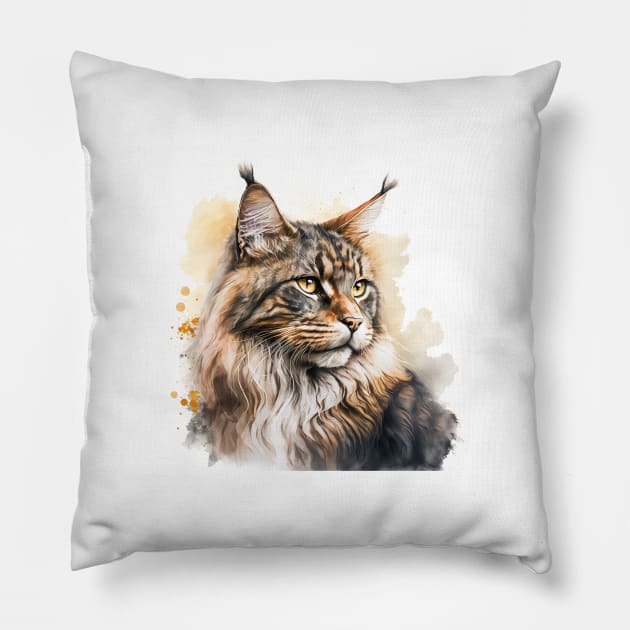 Maine Coon Cat Watercolour Painting Pillow by TheArtfulAI