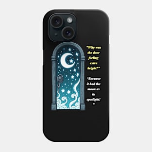 a door, moon bright in background, saying Phone Case