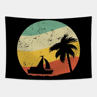 Palm Tree & Boat Summer Retro Sunshine Summer Vacation Beach Tapestry