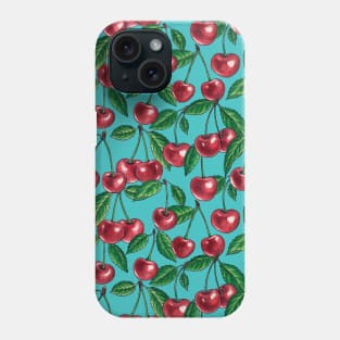 Red cherries on turquoise Phone Case