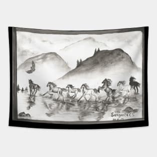 horses galloping across the water monochrome black and white watercolor painting Tapestry