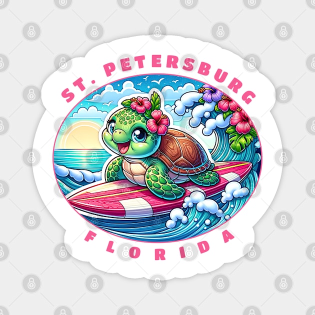 St. Peterburg Florida Girls Cute Surfing Sea Turtle Magnet by grendelfly73