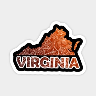 Colorful mandala art map of Virginia with text in brown and orange Magnet