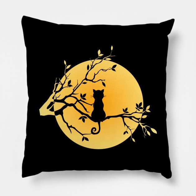 Halloween Black Cat Sitting on Branch Moon Silhouette Pillow by erock