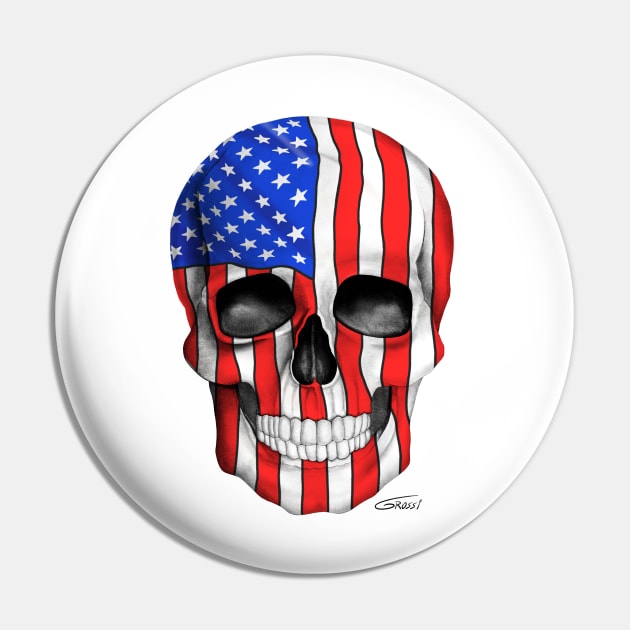 American Flag Skull (On White Background) Pin by GDGCreations