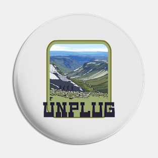 UNPLUG Retro Vintage Posted Mountain Range With A River And Hikers Running With A Great View Pin