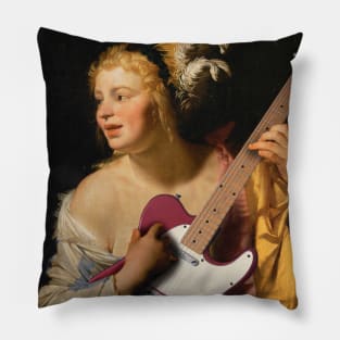 Girl with Guitar - Moody Maximalism Oil Painting Pillow