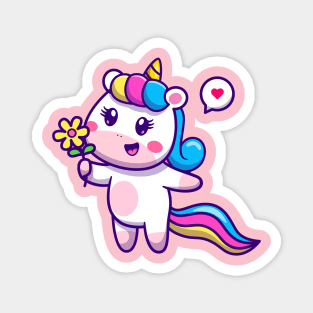 Cute Unicorn Holding Flower Cartoon Magnet