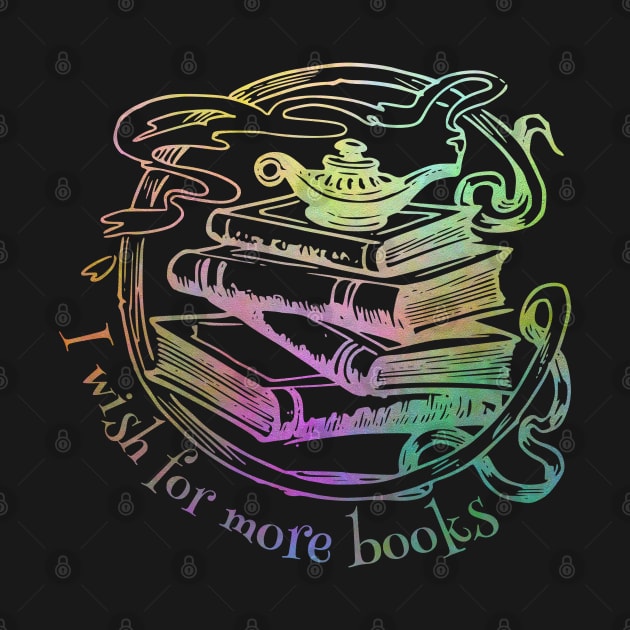 "I wish for more books" - watercolor green genie lamp on a stack of books by Ofeefee