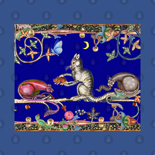 WEIRD MEDIEVAL BESTIARY THREE HUNTER CATS AND MOUSE IN BLUE NIGHT by BulganLumini