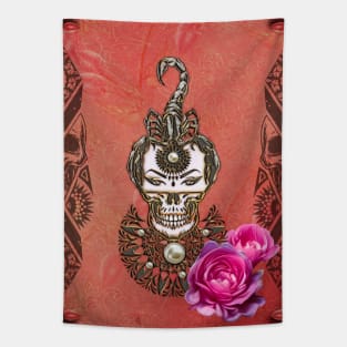 The skull and the scorpion with flowers Tapestry