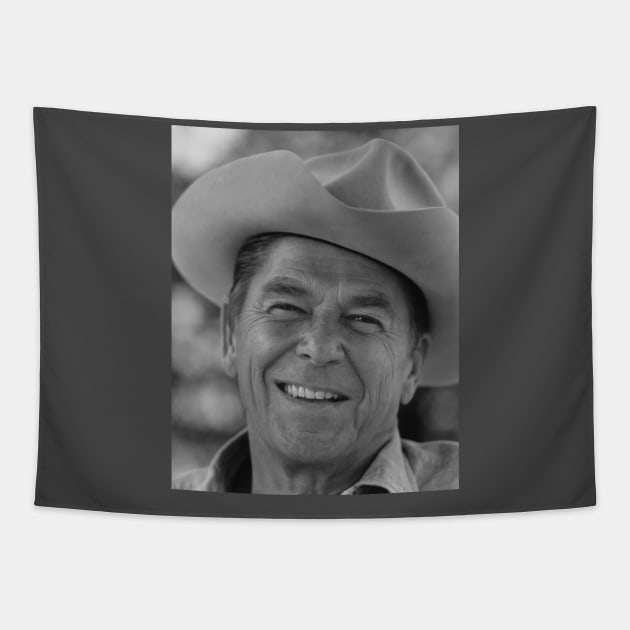 Ronald Reagan with cowboy hat Black White Tapestry by Soriagk