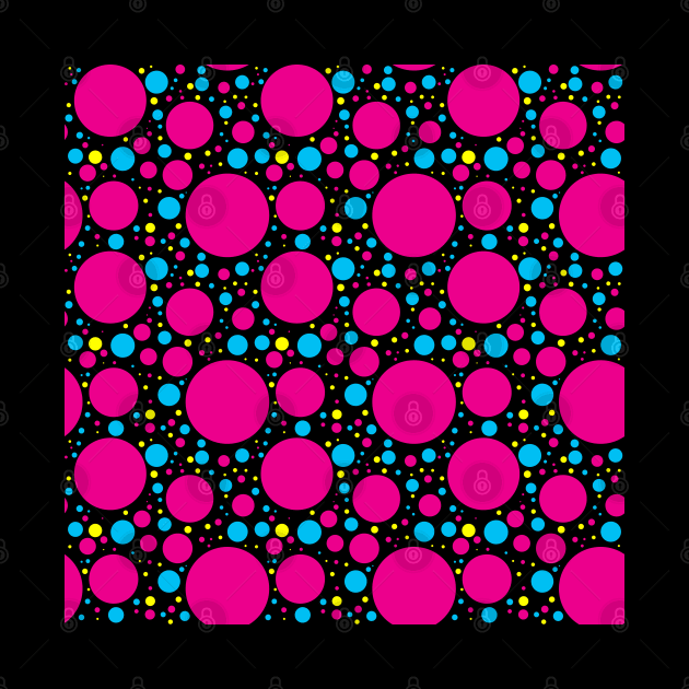 Pink, Blue and Yellow Dots on Black Pattern by bumblefuzzies