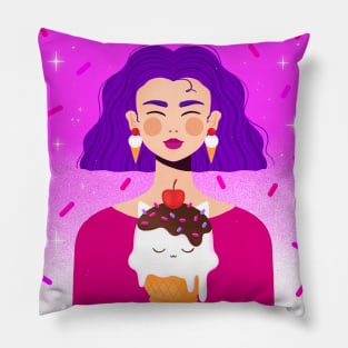 Happy girl with purple hair and kitty ice cream, version 1 Pillow