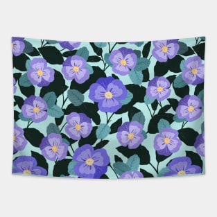 Fancy Pansy floral surface pattern with dark green leaves on pale aqua background Tapestry