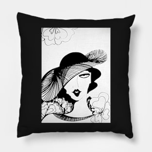 OP ART DECO SEVENTIES POSTER PRINT LADY WITH HAT  BLACK WHITE Pillow