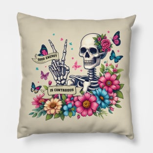 Good Energy Is Contagious, Retro, Skull Skeleton, Wild Flower, Mental Health Pillow