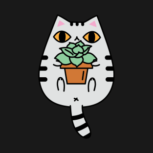 Gray Tabby Cat with Succulent Plant T-Shirt