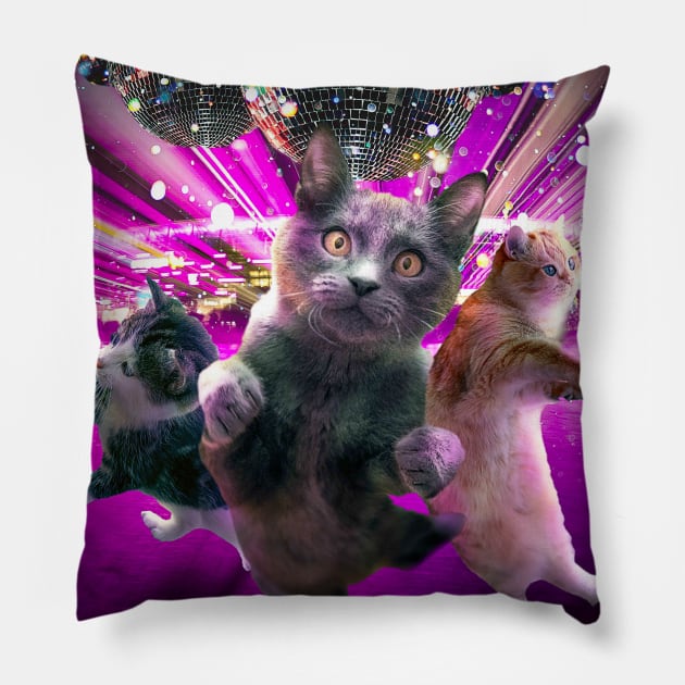 Disco Cats - 70s Disco Kitty Cat Rave Pillow by Random Galaxy