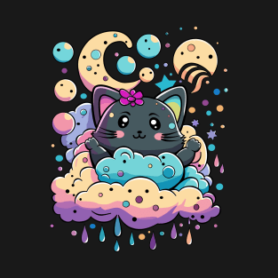 Cute Black Cat, night sky T-Shirt