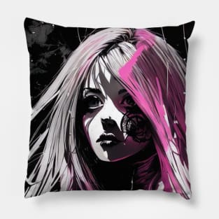 Timeless Expressions: Endearing Black and White Anime Girl Portraits Goth GOthic Fashion Dark Pink Hair Pillow