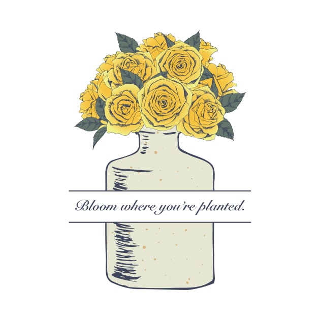 Bloom Where you're planted. Yellow Roses in Ivory Ceramic Vase. by Jen Notebook