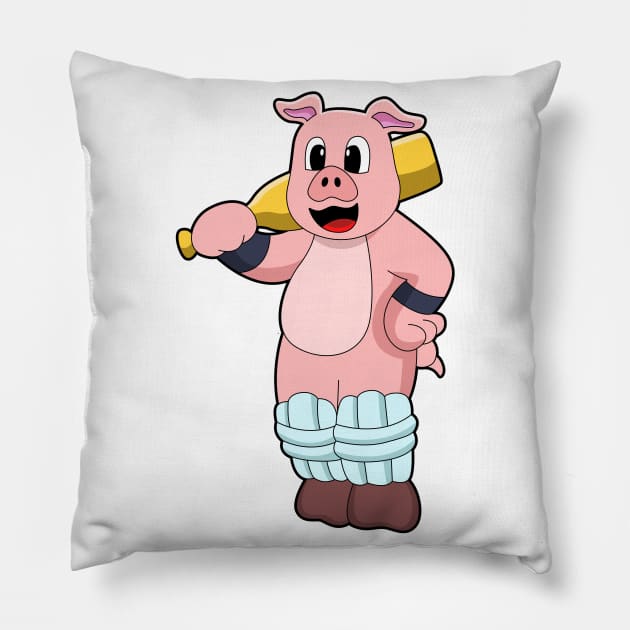 Pig at Cricket with Cricket bat Pillow by Markus Schnabel