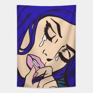 Blue Sad Comic Girl Tapestry