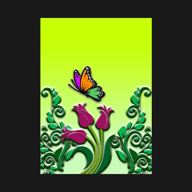 Tulips Flowers and Butterfly - Floral Art with 3D Effect by Thor