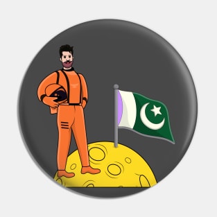 Astronaut standing with flag on moon vector illustration. Pin